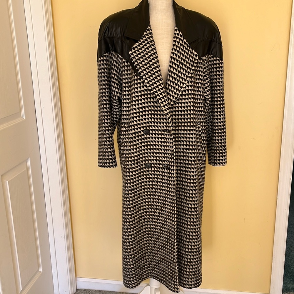 Vintage Fashions by Jill long coat, black/white check wool/leather. Size 12/14